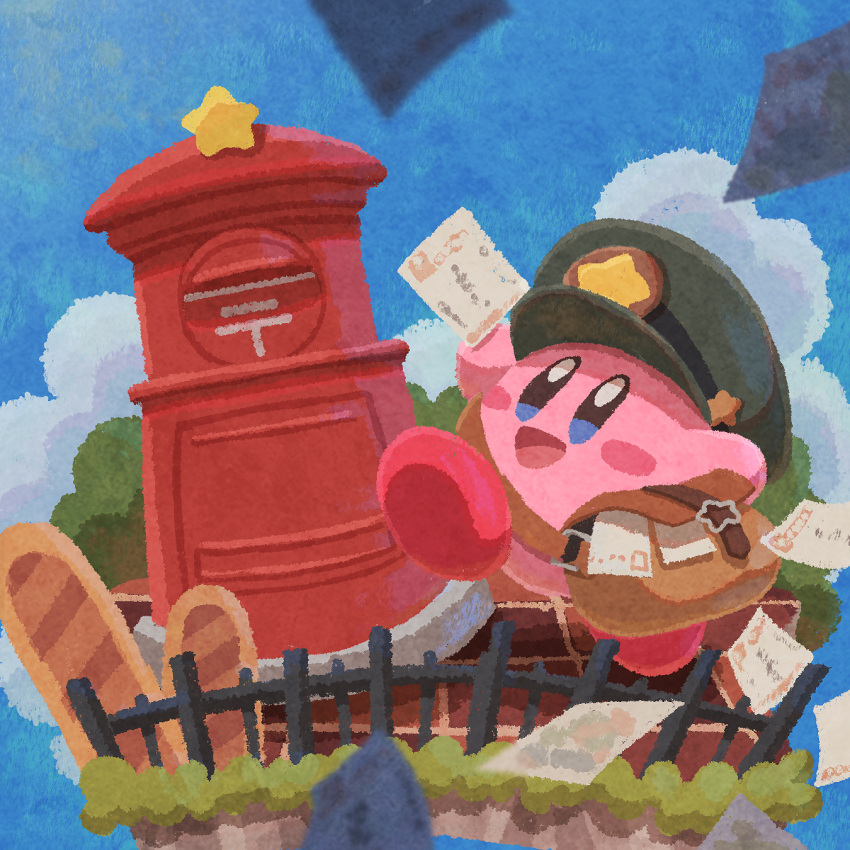 :d blue_sky clouds day fence hat highres holding holding_letter kirby kirby_(series) letter mail mailbag mailbox_(incoming_mail) mailman miclot no_humans open_mouth outdoors peaked_cap sky smile star_(symbol)