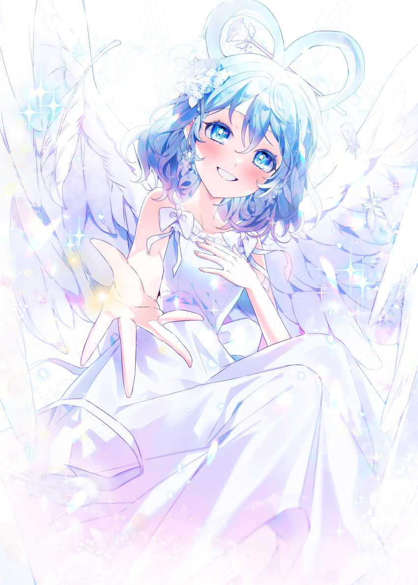 1girl absurdres blue_eyes blue_hair bow collarbone eyelashes feathers grin hair_between_eyes hair_ornament hair_rings hair_stick hand_on_own_chest highres it_po_(sss_cmy) kaku_seiga looking_at_viewer reaching reaching_towards_viewer short_hair smile solo touhou white_bow white_feathers white_wings wings