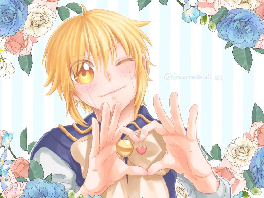 1boy blonde_hair blue_cape blue_flower blue_rose bow cape commentary_request facial_mark flower gash_bell haru_(skytrip) heart heart_hands highres konjiki_no_gash!! konjiki_no_gash!!_2 male_focus one_eye_closed portrait rose smile solo striped striped_background twitter_username upper_body white_bow yellow_eyes