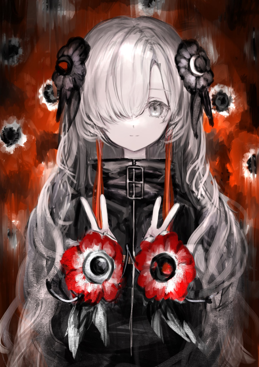 1girl anemone_(flower) black_coat coat commentary_request creature double_v familiar flower grey_eyes grey_hair hair_over_one_eye highres isekai_joucho kamitsubaki_studio light_smile long_hair looking_at_viewer multicolored_hair red_flower redhead sketch solo tsuyumikan two-tone_hair upper_body v virtual_youtuber