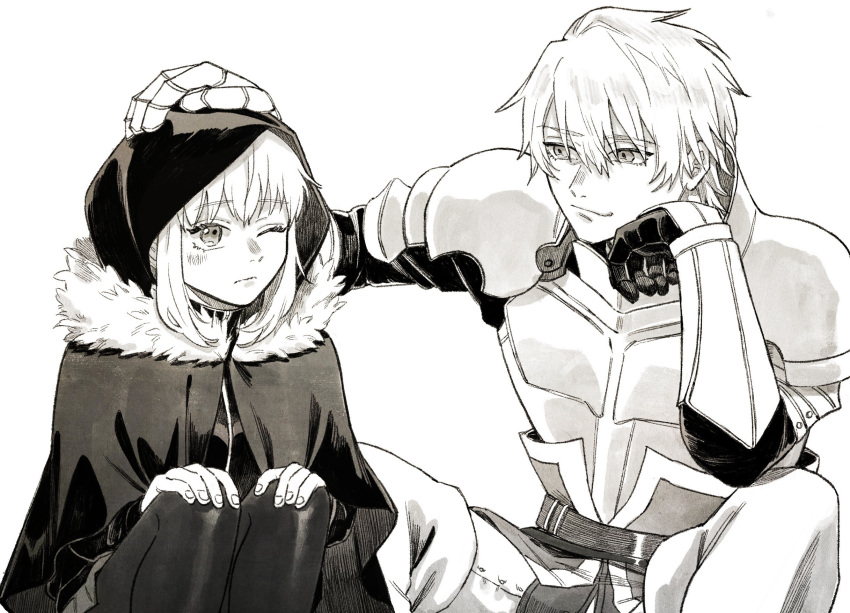 1boy 1girl armor breastplate cheeeeese0619 cloak closed_mouth fate_(series) fur-trimmed_cloak fur_trim gauntlets gray_(fate) greyscale hand_on_another's_head highres hood hooded_cloak kay_(fate) light_smile looking_at_another lord_el-melloi_ii_case_files monochrome one_eye_closed pantyhose short_hair sidelocks skirt