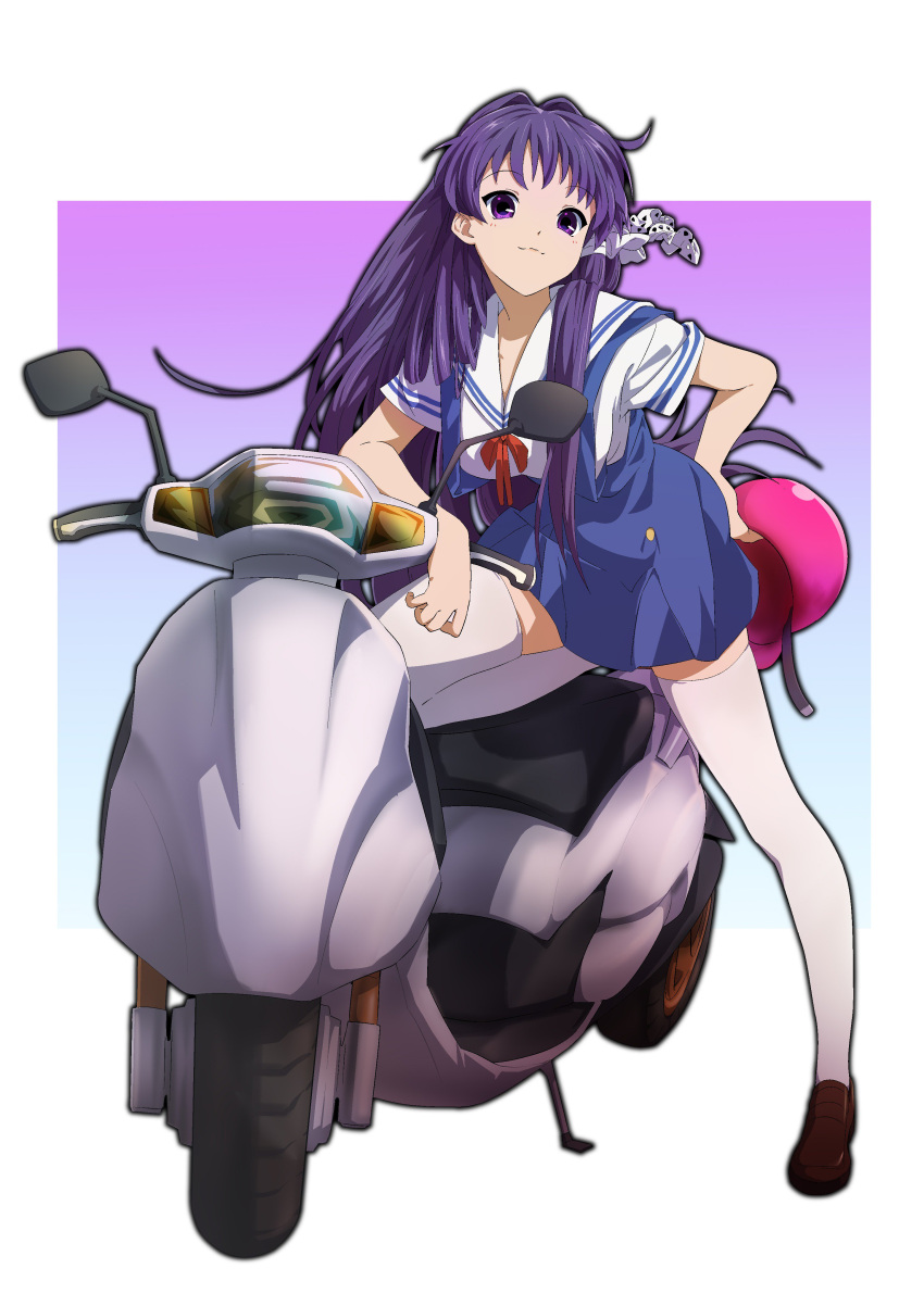 1girl :3 absurdres arm_support blue_skirt brown_footwear chinese_commentary clannad closed_mouth commentary_request fujibayashi_kyou full_body hair_between_eyes hair_intakes hair_over_shoulder hair_ribbon hand_on_own_ass helmet high-waist_skirt highres holding holding_helmet leaning_forward loafers long_hair looking_at_viewer mogege_gk motor_vehicle motorcycle purple_hair red_ribbon ribbon sailor_collar school_uniform serafuku shirt shoes short_sleeves sidelocks simple_background skirt smile solo standing standing_on_one_leg suspender_skirt suspenders thigh-highs very_long_hair violet_eyes white_background white_ribbon white_sailor_collar white_shirt white_thighhighs zettai_ryouiki