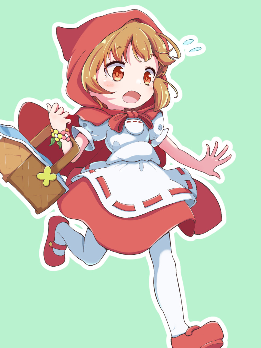 1girl apron basket brown_hair flower_bracelet flying_sweatdrops green_background highres holding holding_basket jazz_grace outline pantyhose puffy_short_sleeves puffy_sleeves puyopuyo puyopuyo_quest rebecca_(puyopuyo_quest) red_footwear red_hood red_skirt running shirt short_sleeves skirt solo waist_apron white_apron white_outline white_pantyhose white_shirt