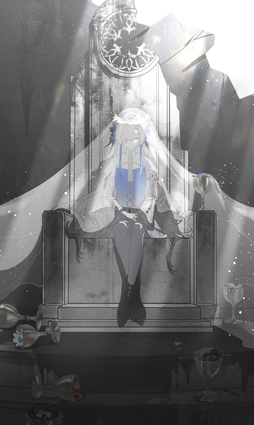 1girl absurdres blue_dress blue_flower blue_hair boots chalice chinese_commentary closed_eyes commentary_request crossed_ankles cup dress expressionless flower full_body hair_flower hair_ornament hair_over_one_eye head_wreath highres isekai_joucho kamitsubaki_studio light_particles light_rays long_hair multicolored_hair own_hands_together pantyhose sitting solo throne two-tone_dress two-tone_hair veil virtual_youtuber walluka white_dress white_hair white_pantyhose