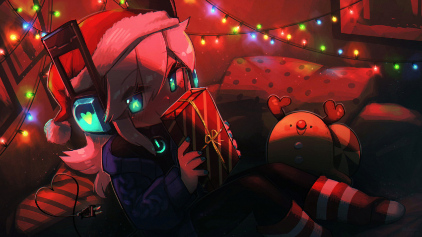 1girl :d absurdres antlers aqua_eyes aqua_nails blush cable cable_tail digitan_(porforever) electric_plug_tail expressive_tail fang gift glowing glowing_eyes hair_between_eyes hat headphones heart highres long_hair looking_at_viewer mechanical_tail open_mouth original pillow porforever power_symbol reindeer_antlers santa_hat smile snail socks solo star-shaped_pupils star_(symbol) striped striped_socks stuffed_animal stuffed_toy sweater symbol-shaped_pupils tail white_hair