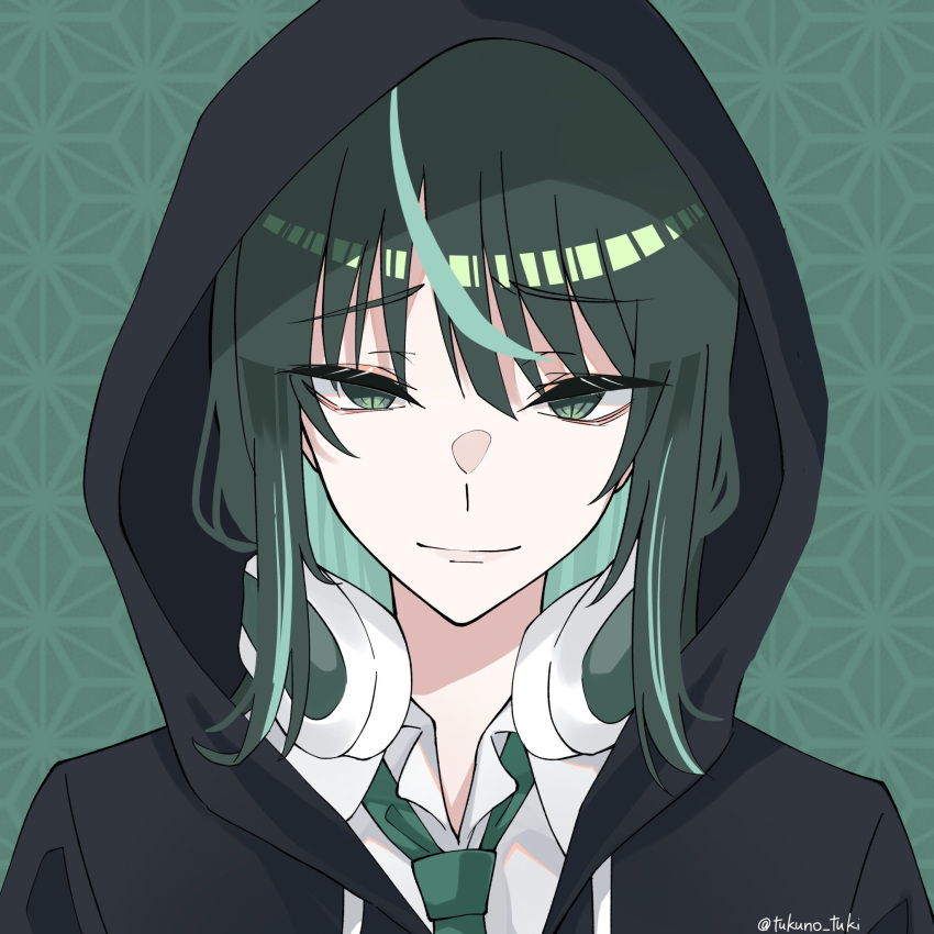 1girl asa_no_ha_(pattern) black_hoodie closed_mouth collared_shirt colored_inner_hair commentary dress_shirt green_background green_eyes green_hair green_necktie headphones headphones_around_neck highres hood hood_up hoodie looking_at_viewer multicolored_hair necktie original shirt solo streaked_hair tsukuno_tsuki twitter_username two-tone_hair upper_body white_shirt