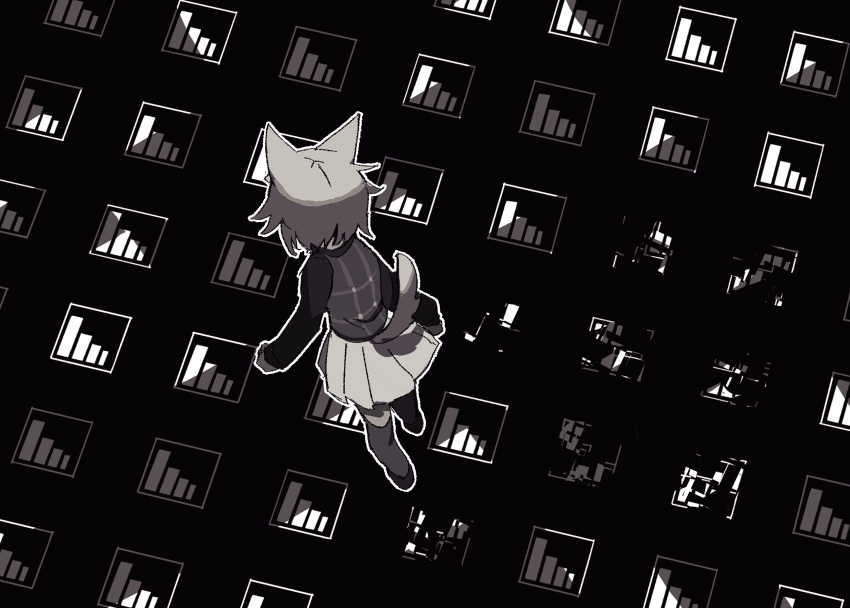 1girl animal_ears arms_at_sides commentary_request facing_away from_above from_behind gameplay_mechanics glitch greyscale highres hrdrifter kemonomimi_mode long_sleeves monochrome outline plaid plaid_vest pleated_skirt recurring_image short_hair skirt solo stairs sweater tail thigh-highs urotsuki vest walking wolf_ears wolf_tail yume_2kki