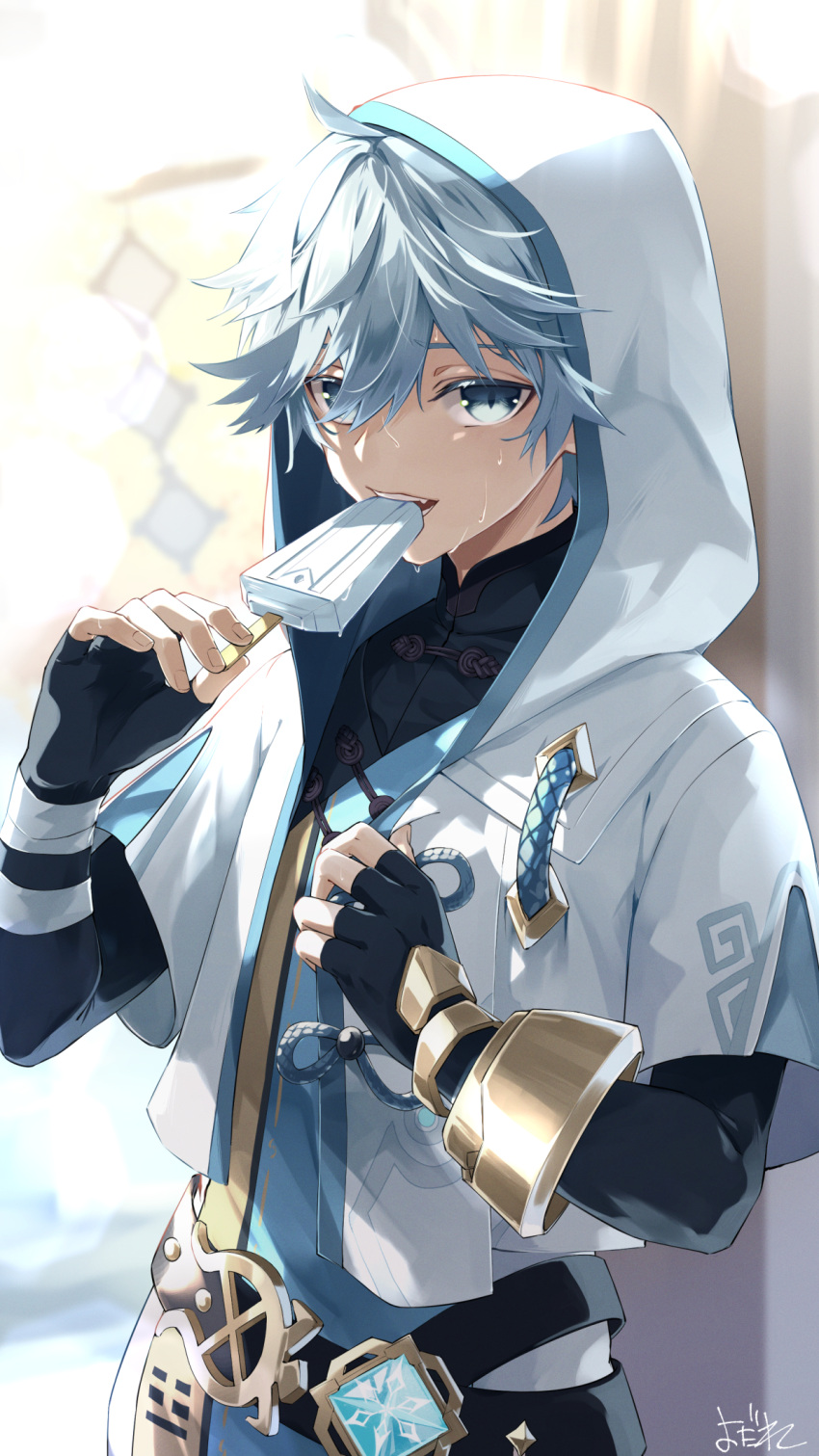 1boy ahoge artist_name blue_eyes blue_hair chinese_clothes chongyun_(genshin_impact) commentary_request fingerless_gloves food genshin_impact gloves hair_between_eyes highres holding holding_food hood hoodie itsumono_katze long_sleeves male_focus open_mouth popsicle short_hair simple_background solo sweat