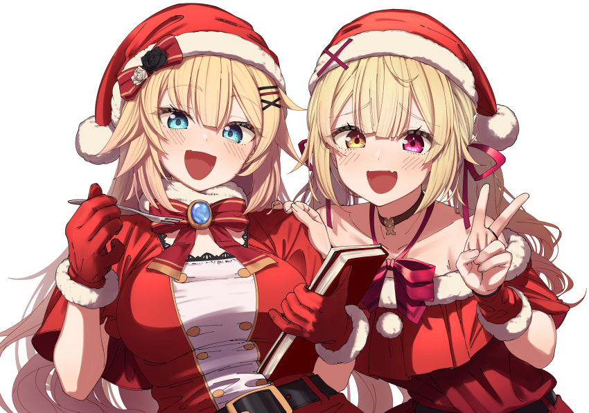 2girls :d absurdres akai_haato bare_shoulders belt black_belt blonde_hair blue_eyes blush bow bowtie capelet dress fork fur-trimmed_gloves fur_trim gloves hair_ornament hand_on_another's_shoulder hat heterochromia highres holding holding_fork hololive hoshikawa_sara long_hair looking_at_viewer multiple_girls nijisanji off_shoulder open_mouth pink_eyes red_bow red_bowtie red_capelet red_dress red_gloves red_headwear santa_costume santa_hat shinomu_(cinomoon) sidelocks simple_background smile upper_body v virtual_youtuber white_background x_hair_ornament yellow_eyes