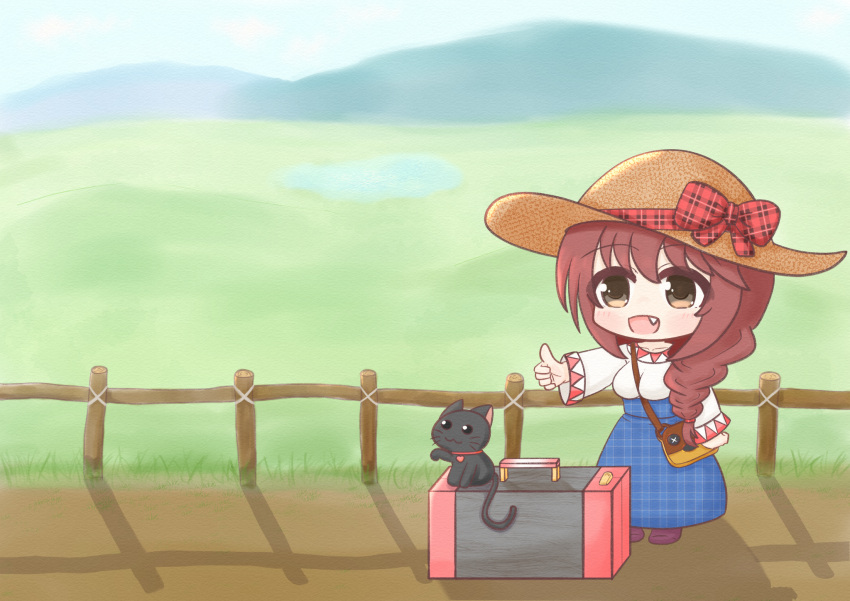 1girl :d bag between_breasts black_cat blue_skirt bow braid breasts brown_eyes brown_hair brown_headwear cat chibi collarbone commentary_request day fang fence full_body hair_over_shoulder hat hat_bow hat_ribbon highres hitchhiker's_thumb hitchhiking long_skirt long_sleeves mokezi mountainous_horizon open_mouth original outdoors plaid plaid_bow plaid_skirt ribbon road shadow shirt shoulder_bag sidelocks single_braid skirt smile standing strap_between_breasts suitcase thumbs_up white_shirt wooden_fence