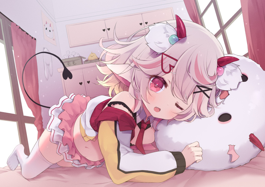 1girl animal_ears arashiya bed bedroom demon_tail detached_collar fang hair_ornament hairclip horns indie_virtual_youtuber indoors jacket looking_at_viewer lying midriff miniskirt momokyu_u navel necktie no_shoes off_shoulder official_art on_bed on_side one_eye_closed open_mouth pink_eyes pink_hair pink_skirt red_necktie short_hair skirt smile solo stuffed_toy tail thigh-highs thighs two-tone_skirt white_jacket white_skirt white_thighhighs window