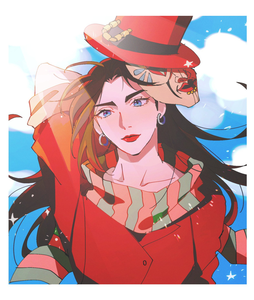 1girl arm_behind_back black_hair blue_eyes clouds commentary earrings english_commentary hat highres jacket jewelry jojo_no_kimyou_na_bouken lisa_lisa long_hair looking_to_the_side mask oratoza red_headwear red_jacket red_lips scarf sky solo upper_body