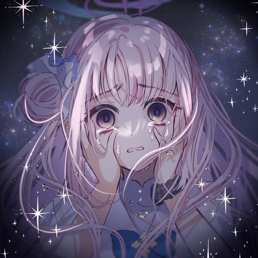 1girl black_scrunchie blue_archive capelet crying crying_with_eyes_open dress flower frown furrowed_brow hair_bun hair_flower hair_ornament halo hands_on_own_face highres long_hair looking_at_viewer mayo_taro mika_(blue_archive) parted_lips pink_hair pink_halo scrunchie side_up_bun single_side_bun sleeveless sleeveless_dress solo star_(symbol) starry_background tearing_up tears upper_body very_long_hair wavy_mouth white_capelet white_dress yellow_eyes