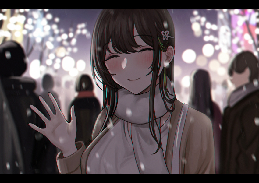 1girl blurry blush breasts brown_coat brown_hair closed_eyes coat depth_of_field dress english_commentary girls_frontline hair_between_eyes hand_up highres large_breasts long_hair long_sleeves m4a1_(girls'_frontline) multicolored_hair open_clothes outdoors scarf selcky smile snowing solo_focus streaked_hair upper_body waving white_dress white_scarf