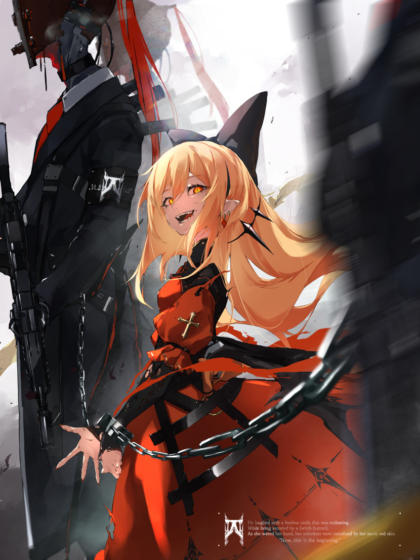 1girl absurdres blonde_hair chain cross cuffs daichi dirt_on_face dress english_text fangs fantasy gun highres holding holding_gun holding_weapon long_hair long_sleeves open_mouth orange_eyes original pointy_ears puffy_short_sleeves puffy_sleeves red_dress robot shackles short_sleeves torn_clothes torn_sleeves weapon