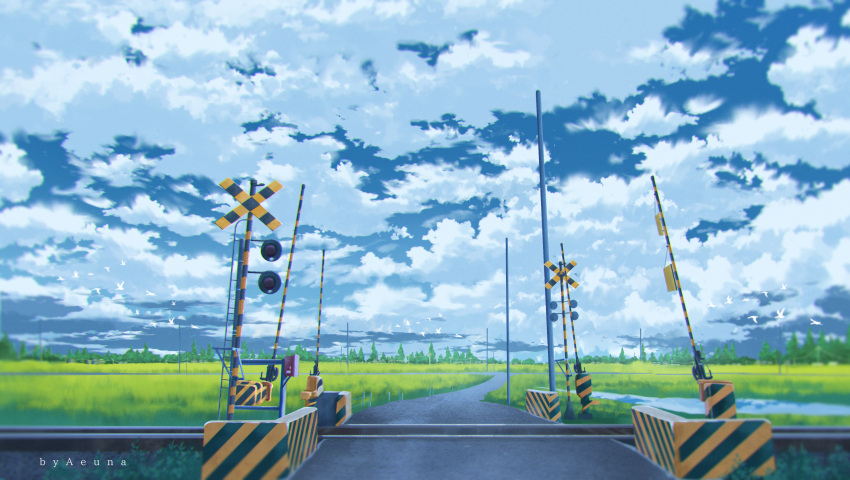absurdres aeuna bird blue_sky clouds cloudy_sky commentary_request day field grass highres no_humans original outdoors railroad_crossing railroad_tracks rural scenery sky tree utility_pole vanishing_point white_bird