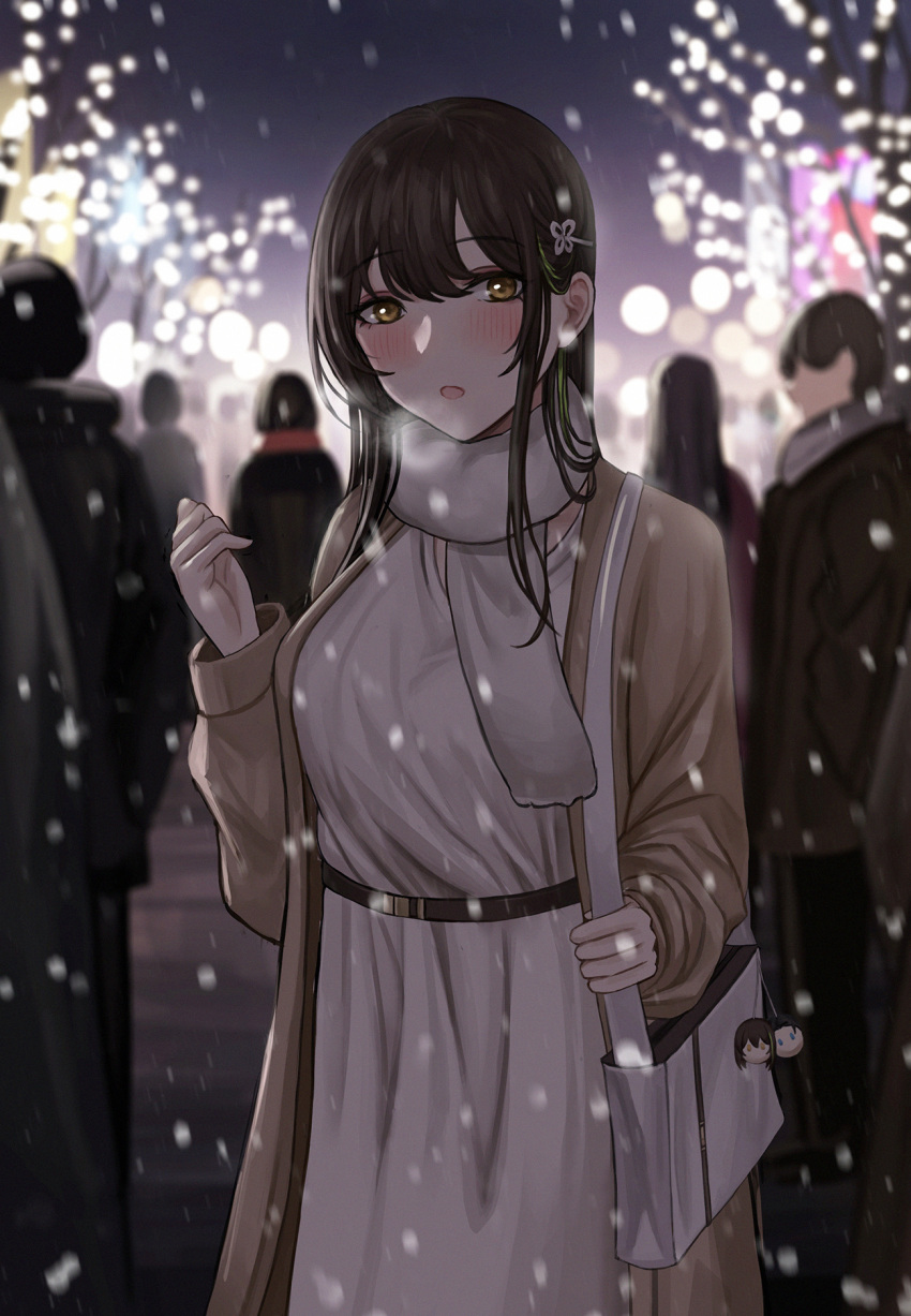 1girl bag bag_charm blurry blush breasts breath brown_coat brown_hair charm_(object) coat depth_of_field dress english_commentary girls_frontline hair_between_eyes hair_ornament hairclip hand_up handbag highres holding holding_bag large_breasts long_hair looking_at_viewer m4a1_(girls'_frontline) multicolored_hair open_clothes open_coat open_mouth outdoors scarf selcky snowing solo_focus streaked_hair white_bag white_dress white_scarf yellow_eyes