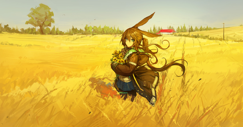 1girl absurdres amiya_(arknights) animal_ears arknights ascot black_jacket blue_eyes blue_skirt brown_hair chinese_commentary commentary_request highres hood hooded_jacket jacket long_hair open_clothes open_jacket outdoors pantyhose plaid plaid_skirt qingfeng_canying rabbit_ears rabbit_girl skirt sky standing tree wheat_field
