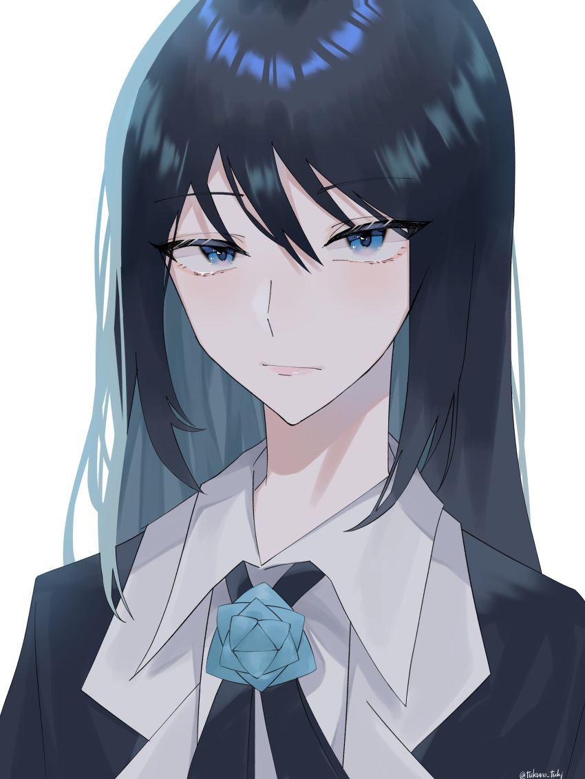 1girl absurdres ado_(utaite) black_bow black_bowtie black_jacket blue_eyes blue_flower blue_hair blue_rose bow bowtie chando_(ado) closed_mouth cloud_nine_inc collared_shirt colored_inner_hair commentary drop_shadow flower flower_brooch hair_between_eyes highres jacket long_hair looking_at_viewer multicolored_hair rose shirt simple_background solo tsukuno_tsuki twitter_username two-tone_hair upper_body utaite white_background white_shirt