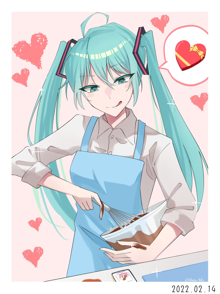 1girl :d absurdres ahoge apron aqua_eyes aqua_hair blue_apron border cellphone chocolate_making collared_shirt commentary cooking dress_shirt hair_between_eyes hatsune_miku heart highres holding holding_whisk long_hair mixing mixing_bowl phone pink_background shirt simple_background sleeves_past_elbows smartphone smile solo sparkle spoken_object tongue tongue_out tsukuno_tsuki twintails twitter_username valentine vocaloid whisk white_border white_shirt