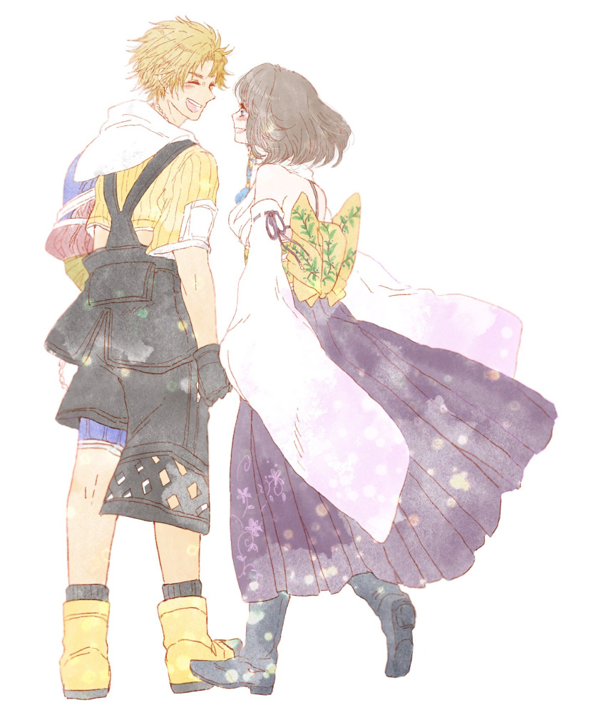 1boy 1girl arm_ribbon asymmetrical_arms asymmetrical_legwear back_bow black_footwear black_gloves black_overalls black_socks blonde_hair blue_eyes blush boots bow brown_hair closed_eyes commentary couple cropped_jacket detached_sleeves dress facing_away final_fantasy final_fantasy_x floral_print gloves happy hetero highres holding_hands hood hood_down hooded_jacket jacket japanese_clothes long_dress long_sleeves looking_at_another looking_back midriff_peek open_mouth overalls pleated_dress purple_dress purple_ribbon ribbon sash short_hair simple_background smile socks standing tidus utai_yumi walking white_background yellow_bow yellow_footwear yellow_jacket yellow_sash yuna_(ff10)