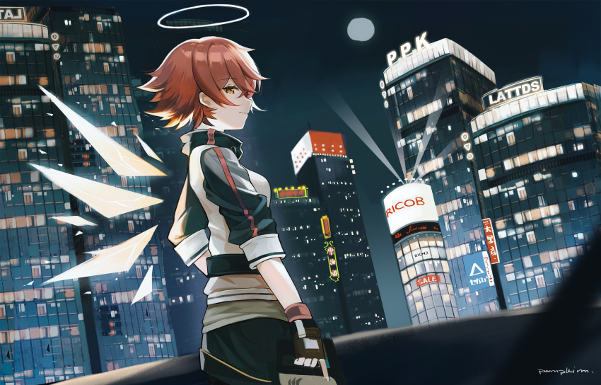 1girl arknights black_gloves black_skirt black_sleeves building cityscape closed_mouth cowboy_shot detached_wings exusiai_(arknights) fingerless_gloves from_side gloves gun halo highres holding holding_gun holding_weapon jacket looking_at_viewer moon night night_sky orange_eyes pumpkinnn redhead short_hair short_sleeves skirt sky skyscraper smile solo trigger_discipline weapon white_jacket wings