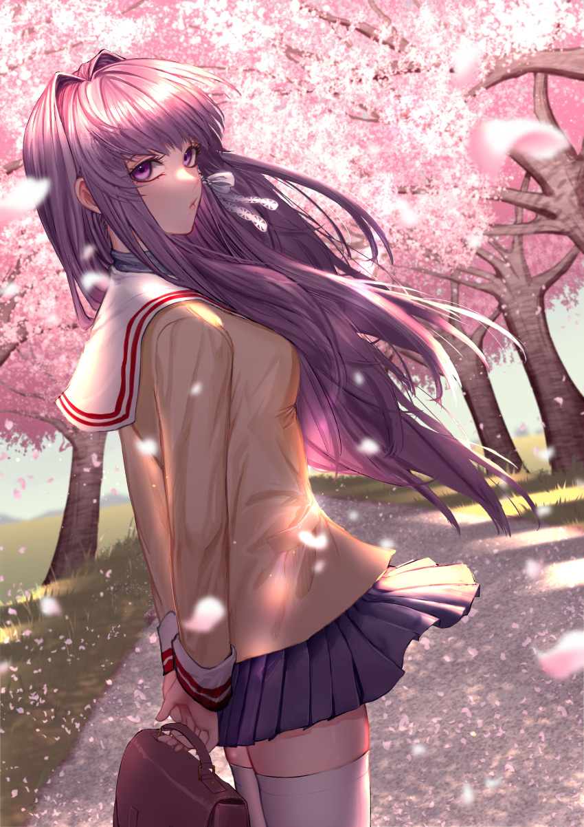 1girl absurdres arms_behind_back bag blue_skirt blurry breasts brown_bag cherry_blossoms clannad closed_mouth commentary cowboy_shot dappled_sunlight day depth_of_field dutch_angle eyelashes falling_petals floating_clothes floating_hair from_side fujibayashi_kyou grass guru0_0maru hair_between_eyes hair_intakes hair_ribbon highres hikarizaka_private_high_school_uniform holding holding_bag jacket lips long_hair long_sleeves looking_at_viewer medium_breasts miniskirt nose outdoors petals pleated_skirt purple_hair ribbon road sailor_collar school_bag school_uniform serafuku sidelocks signature skirt solo spring_(season) standing sunlight thigh-highs tree twitter_username v_arms very_long_hair violet_eyes white_ribbon white_sailor_collar white_thighhighs yellow_jacket zettai_ryouiki