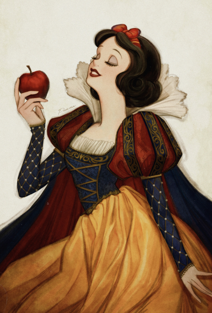 1girl absurdres apple black_hair bow cape closed_eyes disney facing_up food fruit high_collar highres holding holding_food holding_fruit juliet_sleeves lipstick long_eyelashes long_sleeves makeup ponsu_(ponzuxponzu) puffy_sleeves red_apple red_bow short_hair signature skirt snow_white_(disney) snow_white_and_the_seven_dwarfs traditional_media white_background yellow_skirt