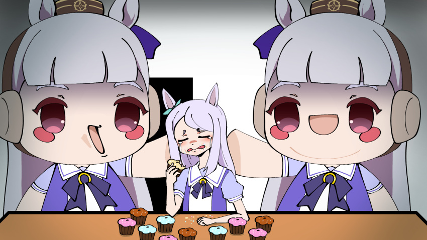 1girl 2others animal_ears aqua_bow blank_room_soup blush_stickers bow bowtie brown_headwear chinese_commentary commentary cosplay crumbs crying cupcake doqute_stuffed_doll ear_bow english_commentary food gold_ship_(umamusume) grey_hair headgear highres horse_ears horse_girl indoors kigurumi long_hair mejiro_mcqueen_(umamusume) mixed-language_commentary multiple_others pillbox_hat puffy_short_sleeves puffy_sleeves purple_bow purple_bowtie purple_hair purple_shirt sailor_collar sailor_shirt school_uniform shirt short_sleeves sidelocks streaming_tears suigetsu_(moon) summer_uniform swept_bangs tears tracen_school_uniform troll_face umamusume violet_eyes white_sailor_collar