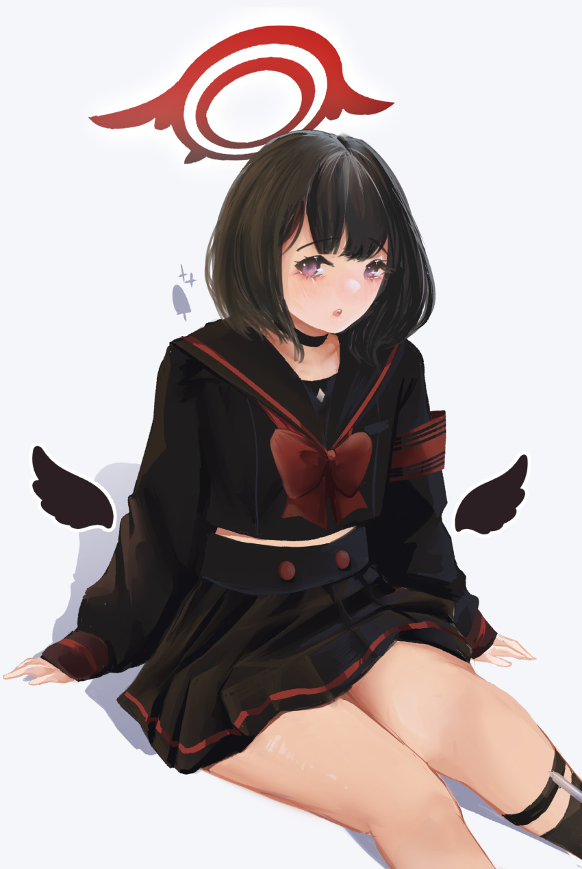 1girl absurdres armband black_hair black_serafuku black_wings blue_archive blush bow choker feathered_wings grey_background halo highres icedsolero_(pixiv44011048) looking_at_viewer low_wings mashiro_(blue_archive) miniskirt pleated_skirt red_bow red_halo school_uniform serafuku short_hair simple_background skirt solo thighs uniform violet_eyes white_background wings