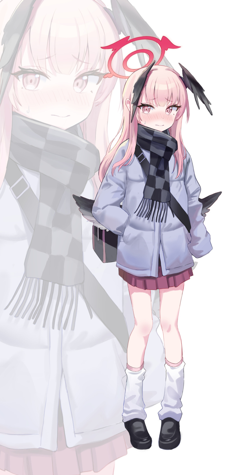 1girl absurdres alternate_hairstyle black_footwear black_scarf black_wings blue_archive blush checkered_clothes checkered_skirt closed_mouth fringe_trim full_body grey_jacket halo head_wings highres jacket koharu_(blue_archive) loloco long_hair loose_socks pink_eyes pink_hair pleated_skirt red_halo red_skirt scarf shoes simple_background skirt socks solo white_background white_socks wings zoom_layer