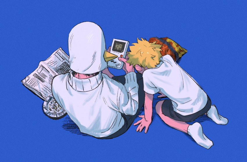 2boys aged_down all_fours ashtray bird_mask black_hair black_pants black_shorts blonde_hair blue_background chips_(food) cigarette_butt commentary_request facing_away food from_above from_behind game_boy hacchi_(napoli_no_otokotachi) handheld_game_console highres holding holding_handheld_game_console indian_style long_sleeves male_focus mask multiple_boys napoli_no_otokotachi newspaper pants playing_games potato_chips shirt short_hair shorts simple_background sitting socks sugiru_(napoli_no_otokotachi) sweater turtleneck turtleneck_sweater ujimoto video_game watching white_shirt white_socks white_sweater