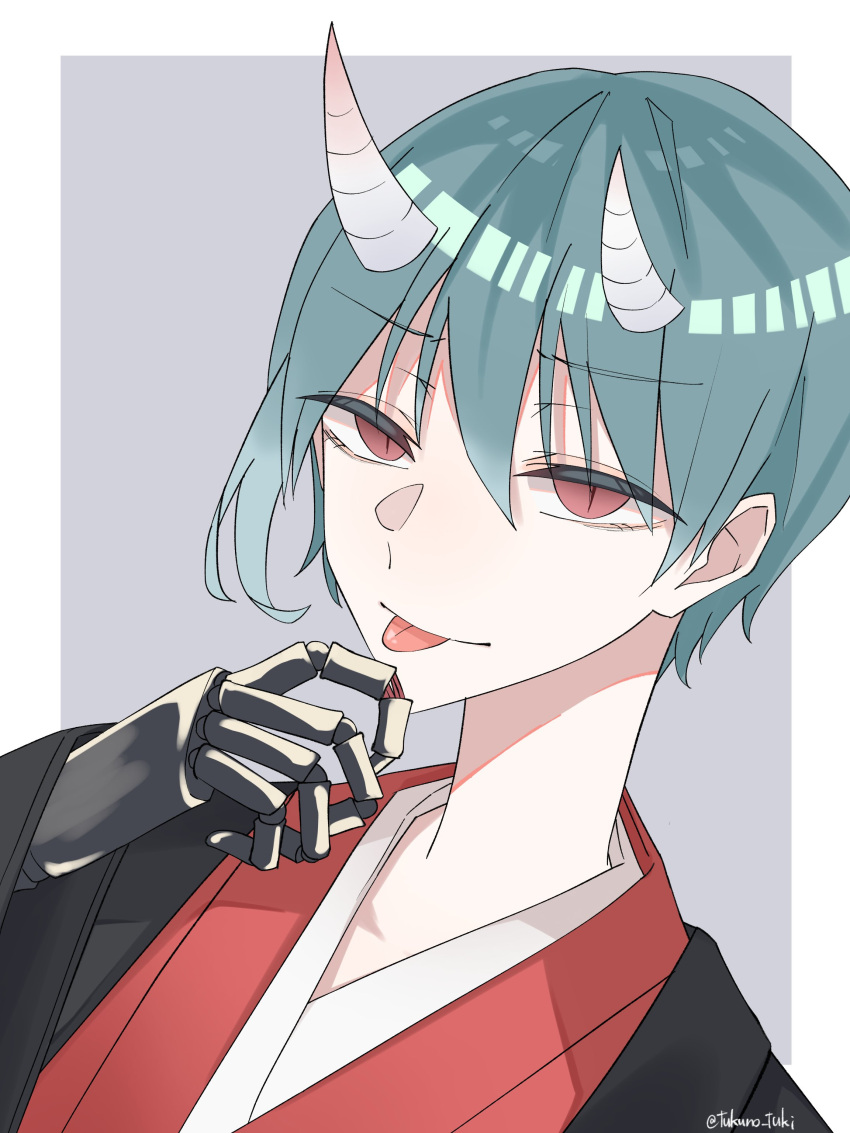 1other absurdres ambiguous_gender border commentary green_hair hair_between_eyes highres horns mechanical_hands oni_horns original outside_border red_eyes short_hair slit_pupils solo symbol-only_commentary tongue tongue_out tsukuno_tsuki twitter_username upper_body white_border