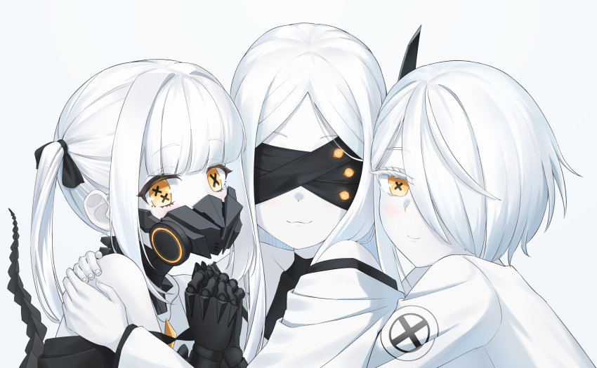 3girls absurdres bare_shoulders black_ribbon black_tail blindfold blue_archive bokuhakiyoshi colored_skin commentary_request cross-shaped_pupils ein_(blue_archive) extra_eyes extra_pupils fingernails group_hug hair_between_eyes hair_over_one_eye hair_ribbon highres hime_cut hug light_blush light_smile looking_at_viewer mask mechanical_hands mechanical_tail multiple_girls ohr_(blue_archive) respirator ribbon simple_background sof_(blue_archive) symbol-shaped_pupils tail twintails white_background white_hair white_skin x-shaped_pupils yellow_eyes