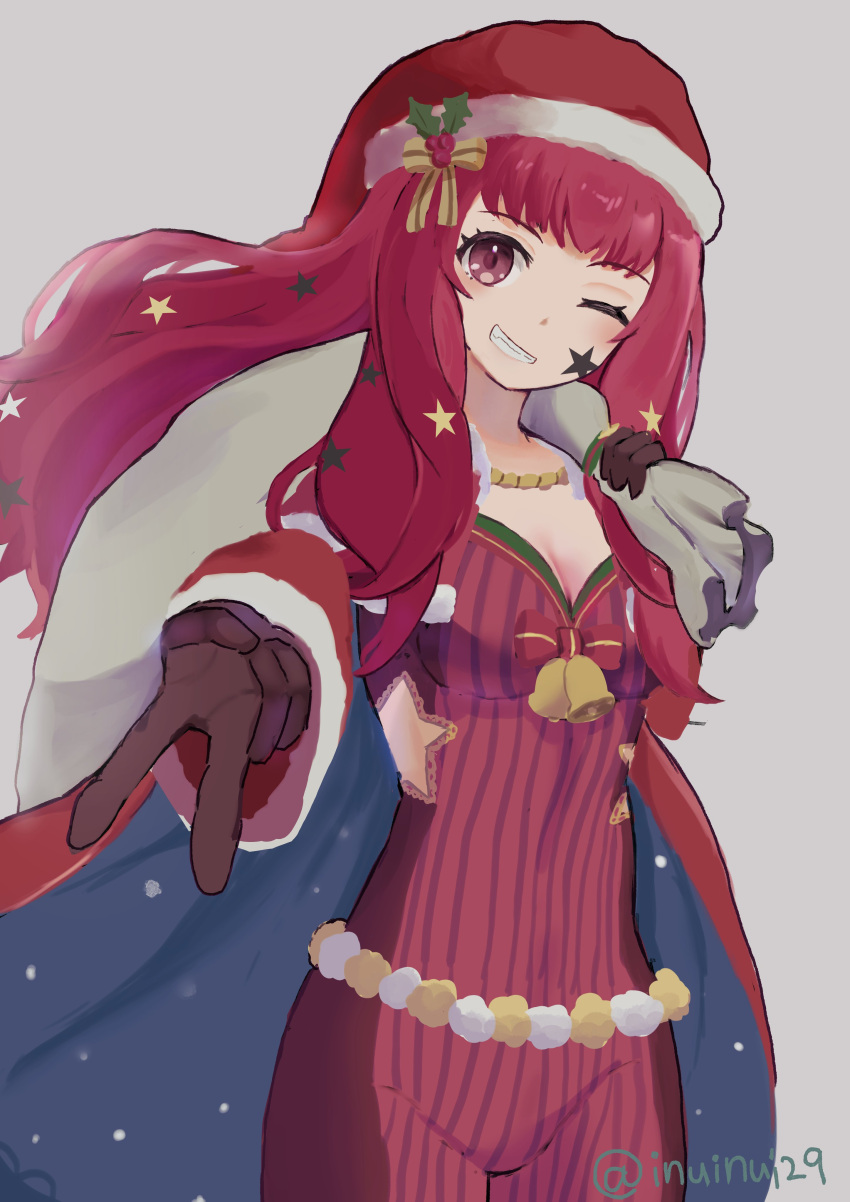 absurdres blue_cape bodysuit cape christmas facial_mark fire_emblem fire_emblem_engage fire_emblem_heroes hair_ornament hat highres holding holding_sack holly_hair_ornament inuinui29 multicolored_cape multicolored_clothes outstretched_hand red_bodysuit red_cape sack santa_hat star_(symbol) star_facial_mark star_hair_ornament star_print two-tone_cape v yunaka_(fire_emblem) yunaka_(fire_emblem)_(spirited_envoy)