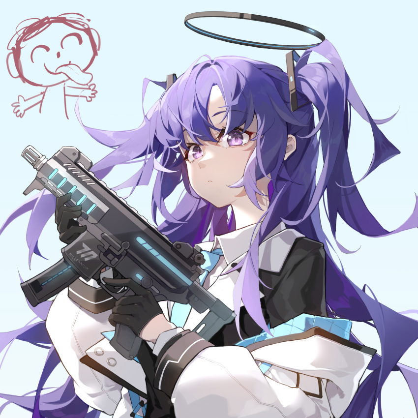 1girl black_gloves black_vest blue_archive blue_background blue_hair blue_necktie closed_mouth collared_shirt commentary doodle_inset doodle_sensei_(blue_archive) gloves gun half_gloves halo highres holding holding_gun holding_weapon jacket ling_yu_(15974115107) long_hair long_sleeves looking_afar mechanical_halo necktie off_shoulder sensei_(blue_archive) shirt simple_background solo submachine_gun symbol-only_commentary two_side_up upper_body vest violet_eyes weapon white_jacket white_shirt yuuka_(blue_archive)
