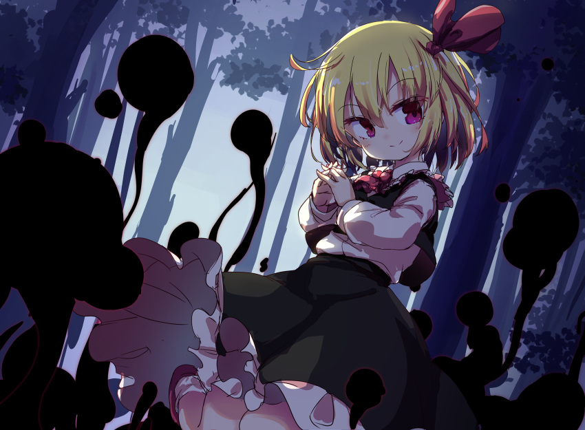 1girl absurdres ascot black_skirt black_vest blonde_hair closed_mouth commentary darkness embodiment_of_scarlet_devil forest frilled_skirt frills hair_ribbon highres isu_(is88) long_sleeves looking_at_viewer nature outdoors own_hands_together red_ascot red_eyes red_ribbon ribbon rumia shirt short_hair skirt smile solo touhou vest white_shirt