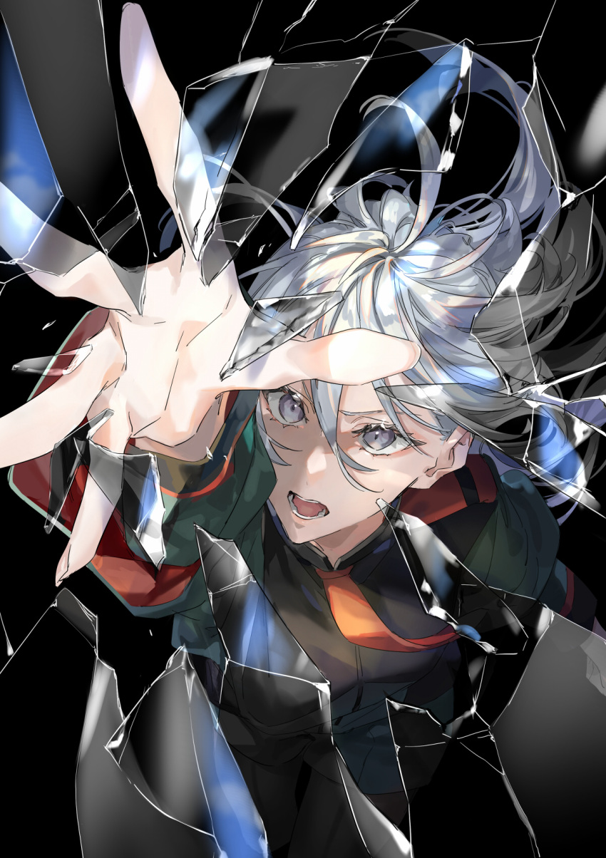 1girl asticassia_school_uniform black_background broken_glass colored_eyelashes foreshortening glass glass_shards glasses grey_eyes gundam gundam_suisei_no_majo hair_between_eyes highres long_sleeves miorine_rembran necktie open_mouth outstretched_hand red_necktie school_uniform see-through shuu-0208 solo teeth