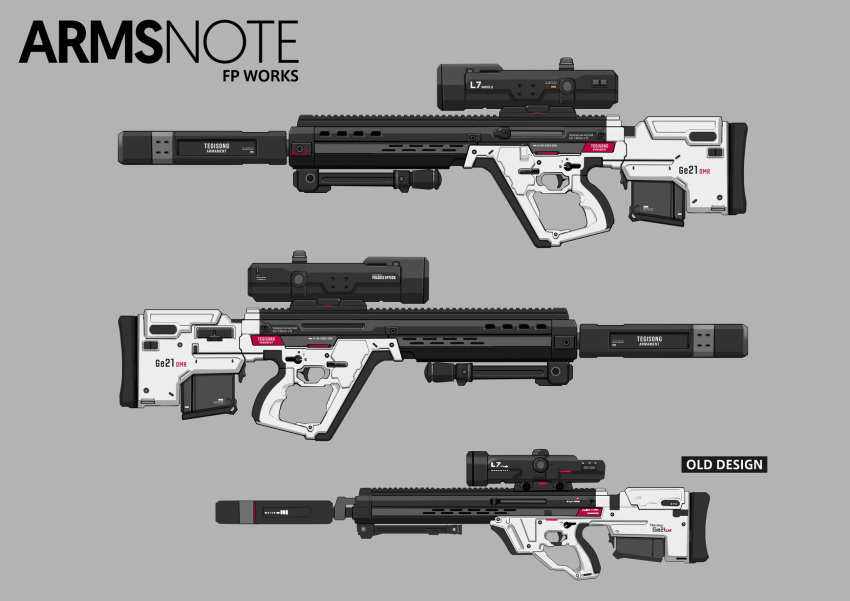 arms_note artist_name bipod bullpup commentary commentary_request copyright_name english_text from_side fukai_ryosuke grey_background gun highres magazine_(weapon) multiple_views no_humans redesign reference_sheet rifle scope simple_background sniper_rifle submachine_gun suppressor weapon weapon_focus