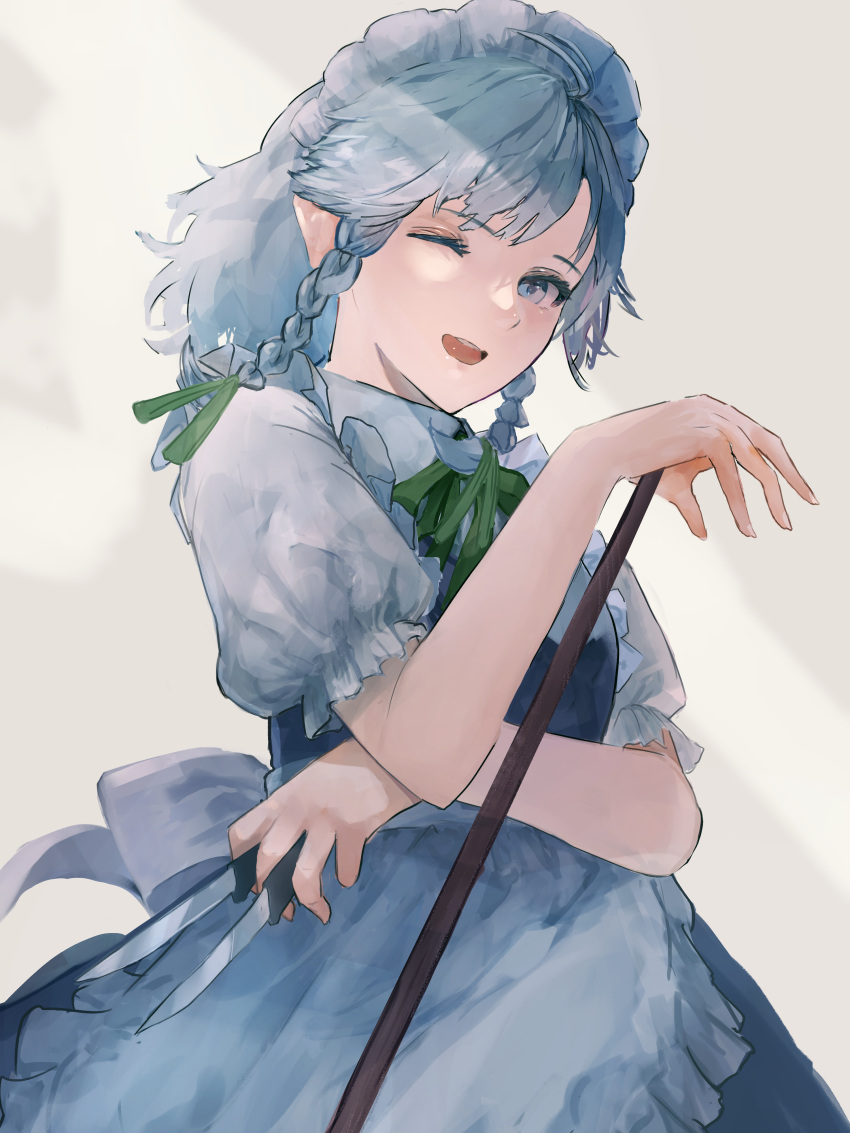 1girl absurdres apron back_bow between_fingers blue_eyes blue_skirt blue_vest bow braid broom collar frilled_apron frilled_collar frilled_sleeves frills green_ribbon grey_hair hair_ribbon hand_on_own_chest highres holding holding_knife izayoi_sakuya knife knives_between_fingers kontsune looking_ahead maid_headdress neck_ribbon one_eye_closed open_mouth pointy_ears puffy_short_sleeves puffy_sleeves ribbon shirt short_hair short_sleeves simple_background skirt skirt_set smile solo teeth touhou twin_braids upper_teeth_only vest waist_apron white_apron white_background white_bow white_collar white_headdress white_shirt white_sleeves