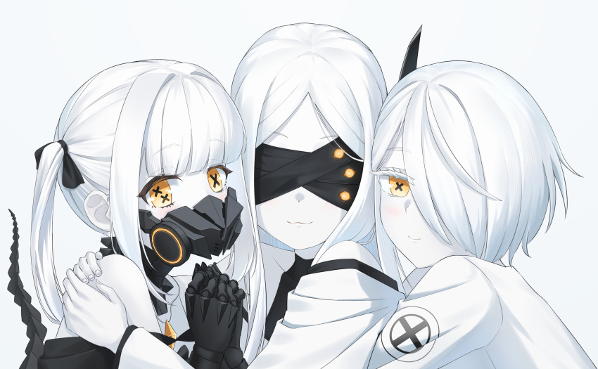 3girls absurdres bare_shoulders black_ribbon black_tail blindfold blue_archive bokuhakiyoshi colored_skin commentary_request cross-shaped_pupils ein_(blue_archive) extra_eyes extra_pupils fingernails group_hug hair_between_eyes hair_over_one_eye hair_ribbon highres hug light_blush light_smile looking_at_viewer mask mechanical_hands mechanical_tail multiple_girls ohr_(blue_archive) respirator ribbon simple_background sof_(blue_archive) symbol-shaped_pupils tail twintails white_background white_hair white_skin x-shaped_pupils yellow_eyes