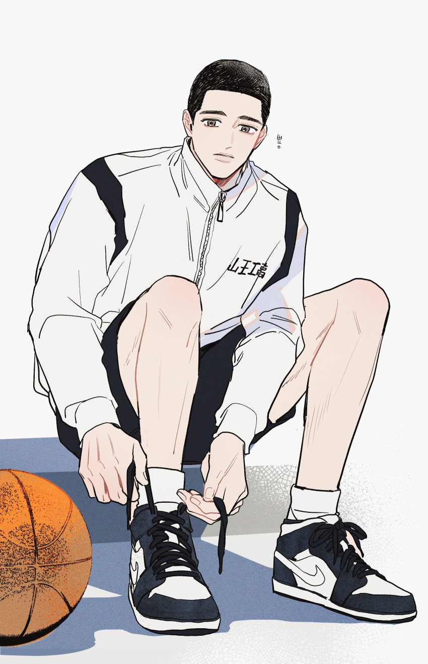 1boy absurdres ball basketball_(object) black_eyes black_hair black_shorts buzz_cut fukatsu_kazunari full_body grey_background highres jacket korean_text looking_at_viewer male_focus parted_lips shadow shoes short_hair shorts simple_background sitting slam_dunk_(series) sneakers solo track_jacket translation_request two-tone_footwear tying_footwear very_short_hair white_jacket xktnjrxgvdrd3hy