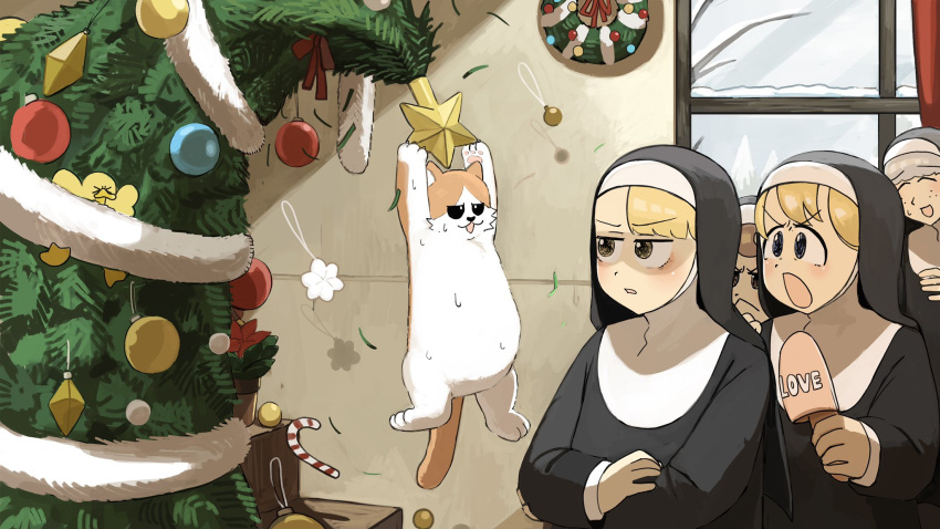4girls :d :o angry bird blonde_hair blue_eyes brown_eyes brown_hair cat chicken christmas_tree christmas_wreath closed_eyes clumsy_nun_(diva) crossed_arms diva_(hyxpk) duck duckling english_commentary freckles froggy_nun_(diva) grey_hair habit hanging highres la_chancla little_nuns_(diva) multiple_girls nun sheep_nun_(diva) slippers smile spicy_nun_(diva) traditional_nun v-shaped_eyebrows wreath yellow_eyes