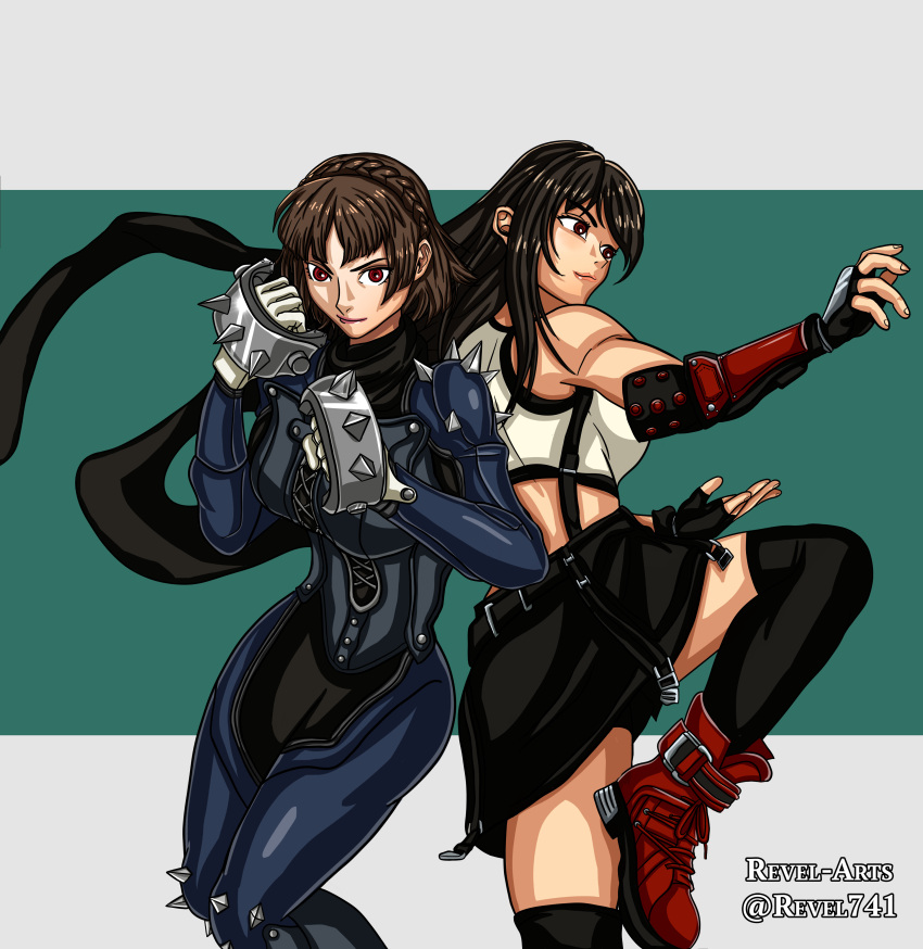 2girls absurdres bare_shoulders biker_clothes bikesuit black_hair black_skirt black_thighhighs bodysuit braid breasts brown_hair clenched_hands closed_mouth cross-laced_clothes cross-laced_footwear crossover crown_braid fighting_stance final_fantasy final_fantasy_vii final_fantasy_vii_remake fingerless_gloves gloves highres leather long_hair long_scarf looking_at_viewer looking_to_the_side medium_breasts multicolored_background multiple_girls navel niijima_makoto persona persona_5 red_eyes red_footwear scarf short_hair shoulder_spikes simple_background single_arm_guard skirt smile spiked_knuckles spikes sports_bra suspender_skirt suspenders swept_bangs tank_top thigh-highs tifa_lockhart white_gloves zettai_ryouiki