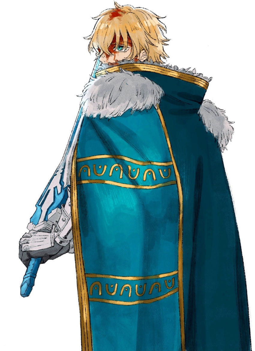 1boy aqua_eyes armor blonde_hair blood blood_on_face blue_cape cape cheeeeese0619 fate/grand_order fate_(series) fur-trimmed_cape fur_trim highres holding holding_sword holding_weapon kay_(fate) male_focus rerebrace short_hair simple_background solo sword weapon white_background