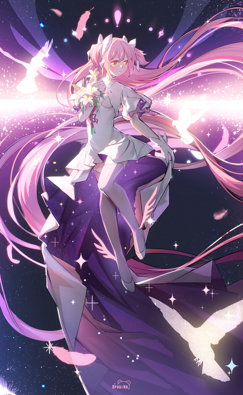 1girl arusuko bird bouquet bow dress floating flower full_body gloves goddess_madoka hair_bow highres kaname_madoka light_particles lily_(flower) long_hair looking_to_the_side mahou_shoujo_madoka_magica pink_hair short_sleeves signature silhouette solo thigh-highs very_long_hair white_dress white_gloves wide_sleeves winged_footwear zettai_ryouiki