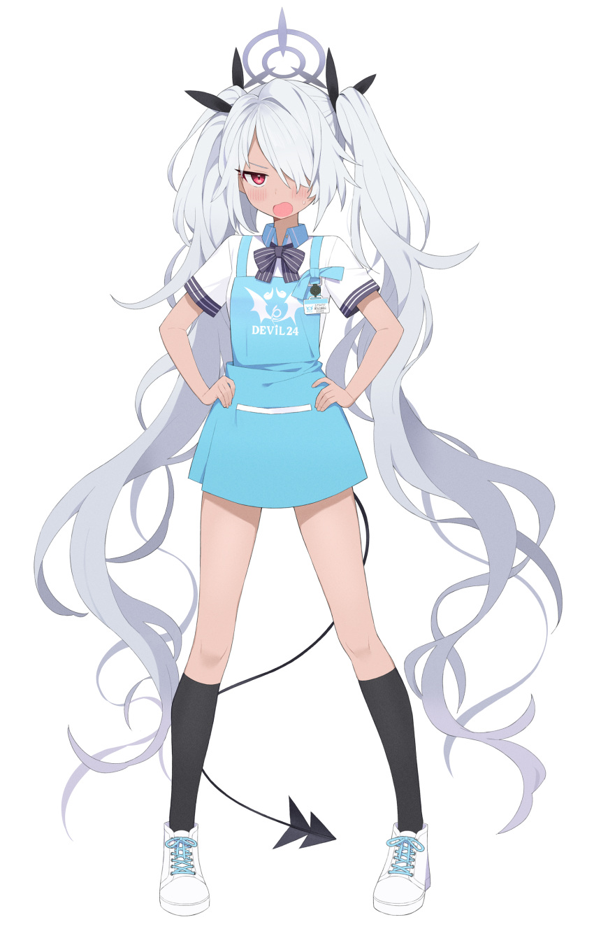 1girl absurdres angel's_24_uniform_(blue_archive) apron billbung black_socks black_tail blue_apron blue_archive blush collared_shirt dark-skinned_female dark_skin demon_tail grey_hair grey_halo hair_over_one_eye halo hands_on_own_hips highres iori_(blue_archive) kneehighs long_hair looking_at_viewer open_mouth red_eyes shirt shoes short_sleeves simple_background socks solo tail very_long_hair white_background white_footwear white_shirt