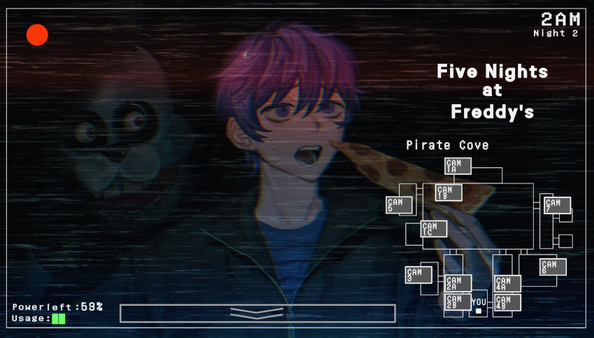 2boys battery_indicator behind_another black_jacket blue_shirt bonnie_(fnaf) commentary_request copyright_name crossover dark english_text five_nights_at_freddy's food furrowed_brow hand_up highres holding holding_food holding_pizza jack-o'_ran-tan jacket looking_at_another map multiple_boys napoli_no_otokotachi nervous_sweating open_mouth pizza pizza_slice purple_hair recording scared shirt short_hair sweat timestamp upper_body user_interface violet_eyes za_(sametapizza_)