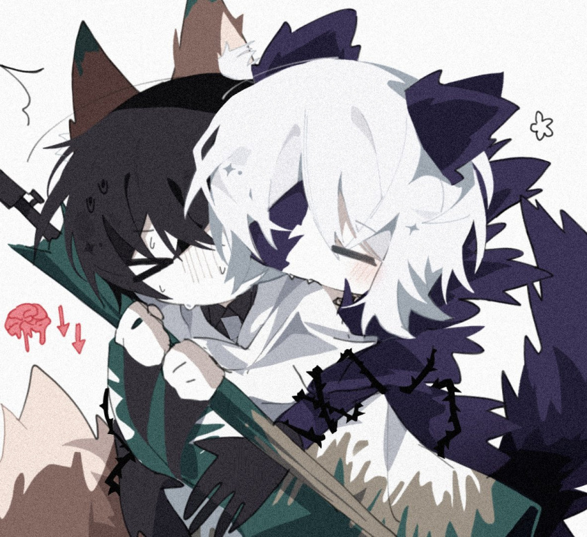 &gt;_&lt; 1boy 1girl animal_ears barbed_wire biting black_hair blush claws closed_mouth coat e.g.o_(project_moon) fangs faust_(project_moon) fox_boy fox_ears fox_tail hood hood_down lemonail limbus_company long_sleeves project_moon purple_coat simple_background sweat tail upper_body white_background white_coat wolf_boy wolf_ears wolf_tail yi_sang_(project_moon)