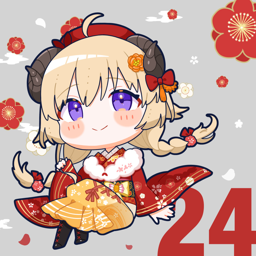 1girl absurdres animal_ears beret black_footwear blonde_hair blush_stickers boots braid chibi closed_mouth commentary_request cross-laced_footwear floral_print floral_print_kimono fur_scarf grey_background hakama hakama_skirt hat highres hiruno_isu hololive horns japanese_clothes kimono lace-up_boots long_hair looking_at_viewer obi official_alternate_costume official_alternate_hairstyle orange_hakama orange_skirt print_kimono red_headwear red_kimono sash sheep_ears sheep_girl sheep_horns skirt smile solo tsunomaki_watame tsunomaki_watame_(new_year) twin_braids twintails violet_eyes virtual_youtuber
